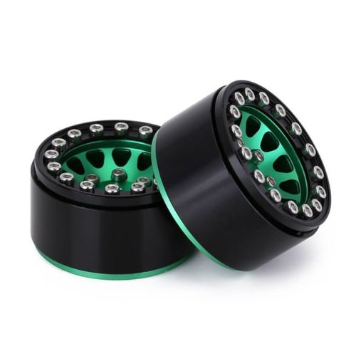 Injora 1.0in 12-Spoke Beadlock Aluminium Wheels for 1/18 1/24 Crawlers (4) (W1049) - Green/Black