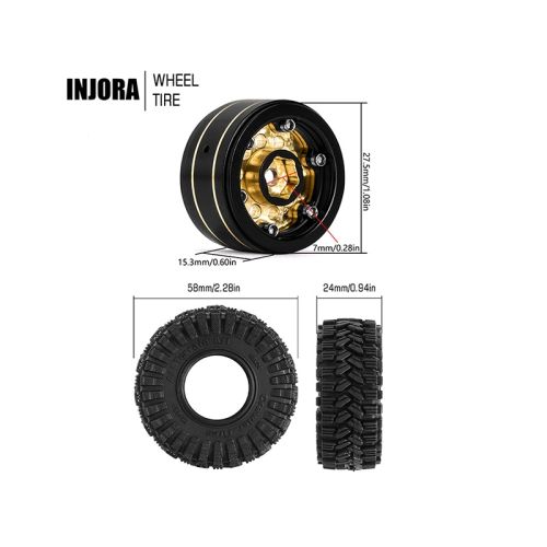 Injora 1.0in 58x24mm -2.65mm Offset Brass Beadlock Wheel Set for 1/24 1/18 RC Crawler